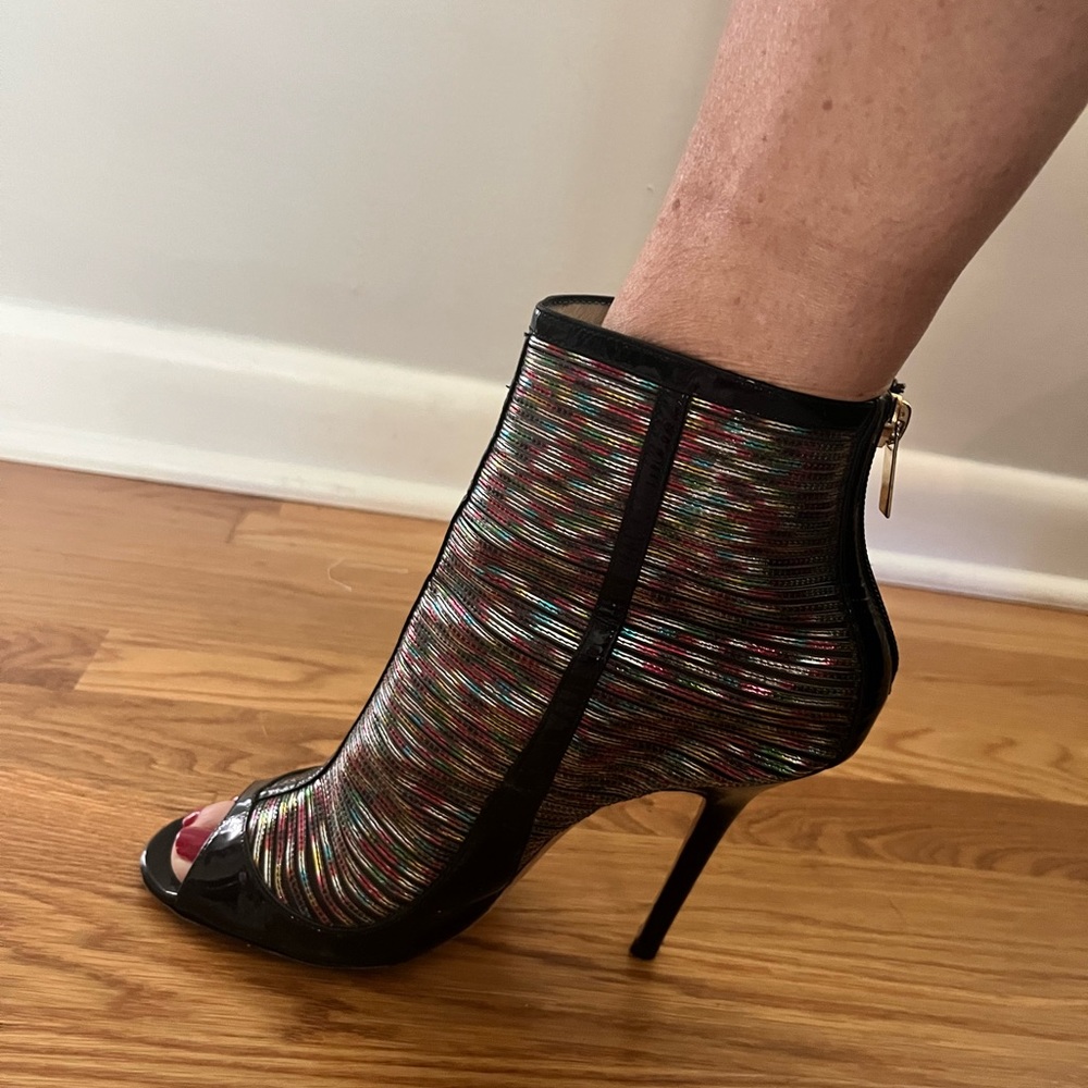 JIMMY CHOO Kier Hologram Mesh black patent peep toe high heel bootie